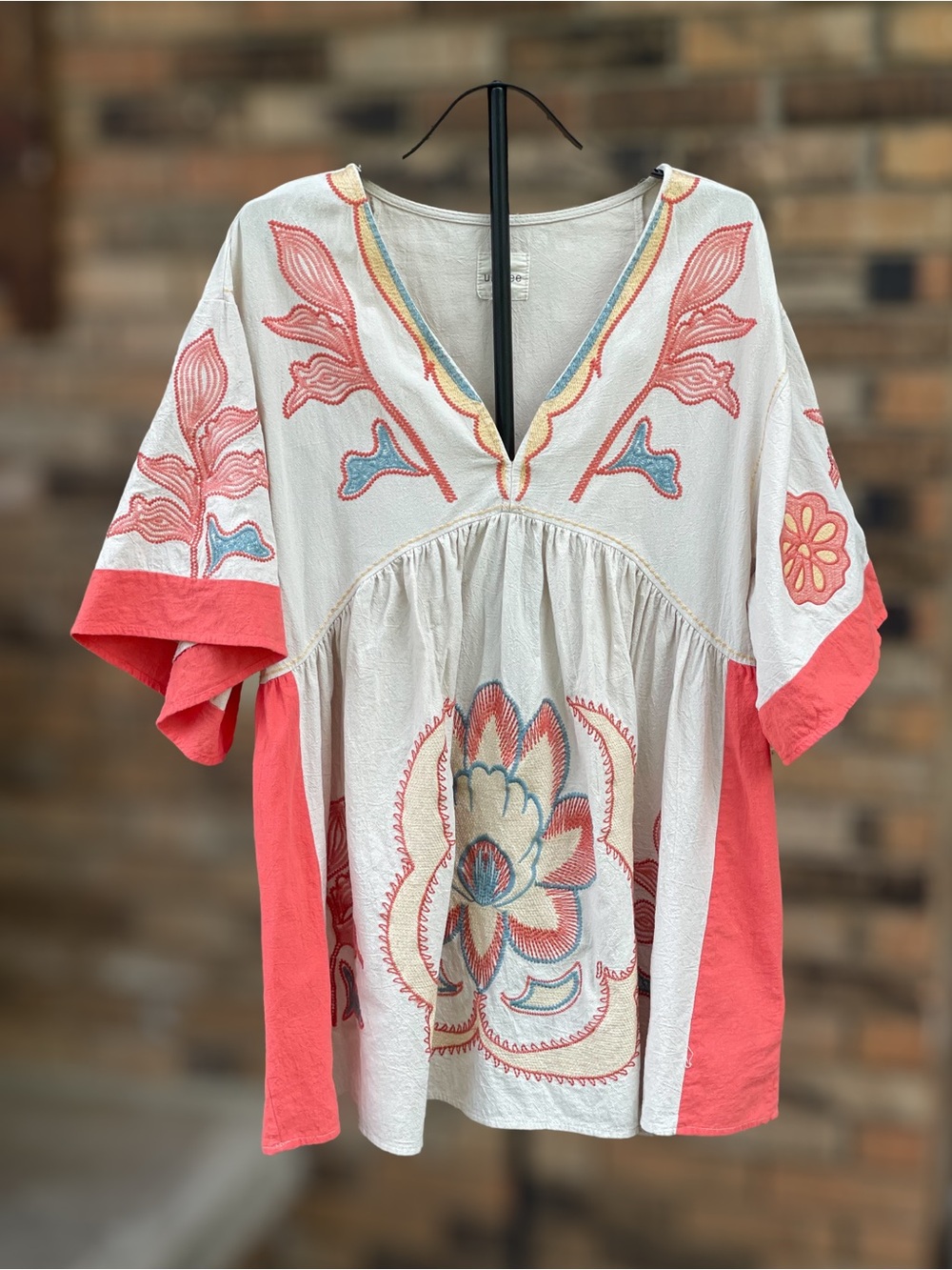 Umgee XL Embroidered Floral Boho Tunic Top Coral Blue 100% Cotton